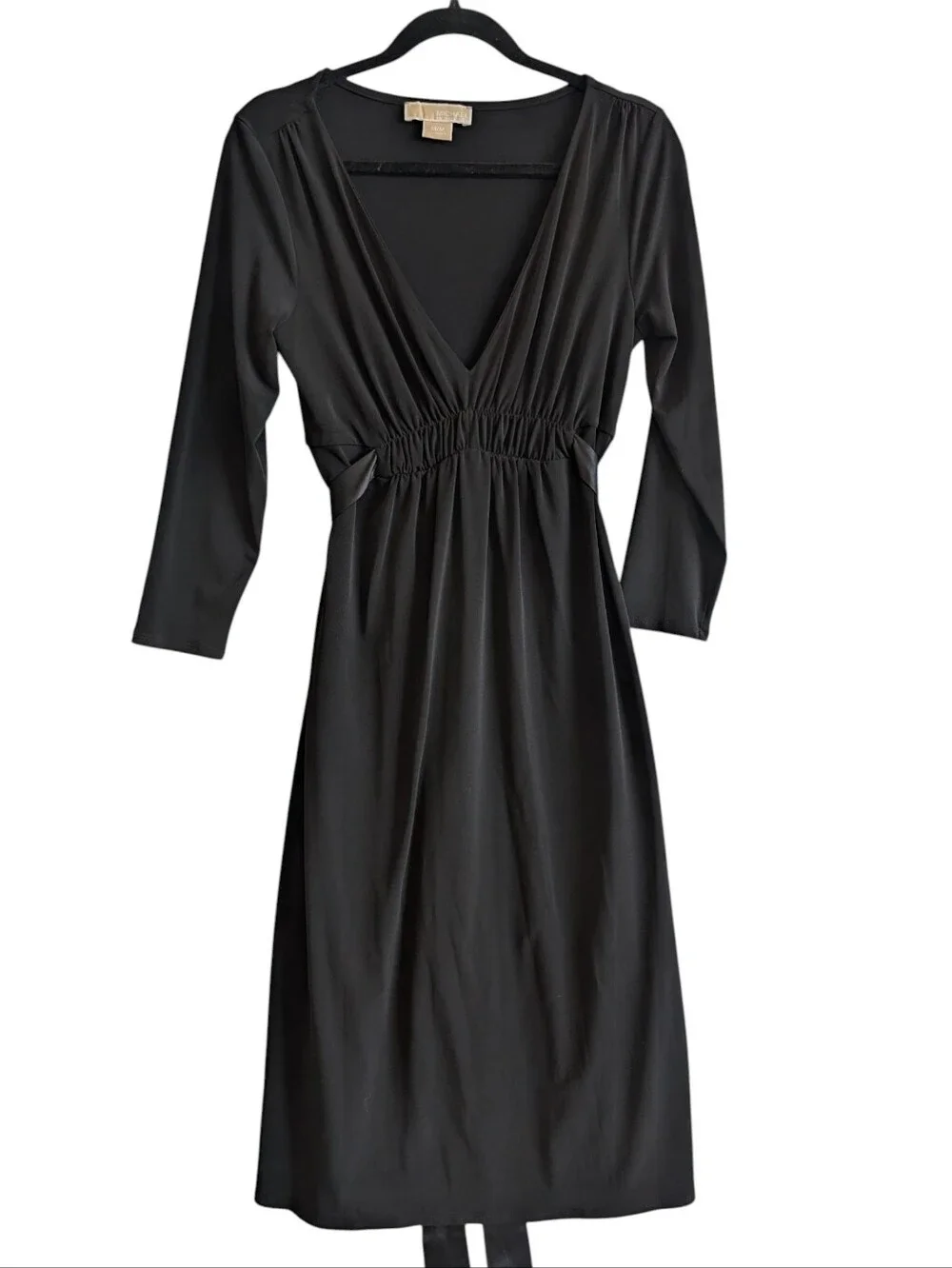 Michael Kors Black Deep V Neck Midi Dress 3/4 Sleeve